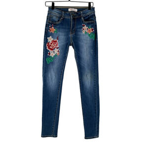 Mychristy Womens Slim Skinny Jeans Blue Embroidered Stone Wash Mid Rise S
